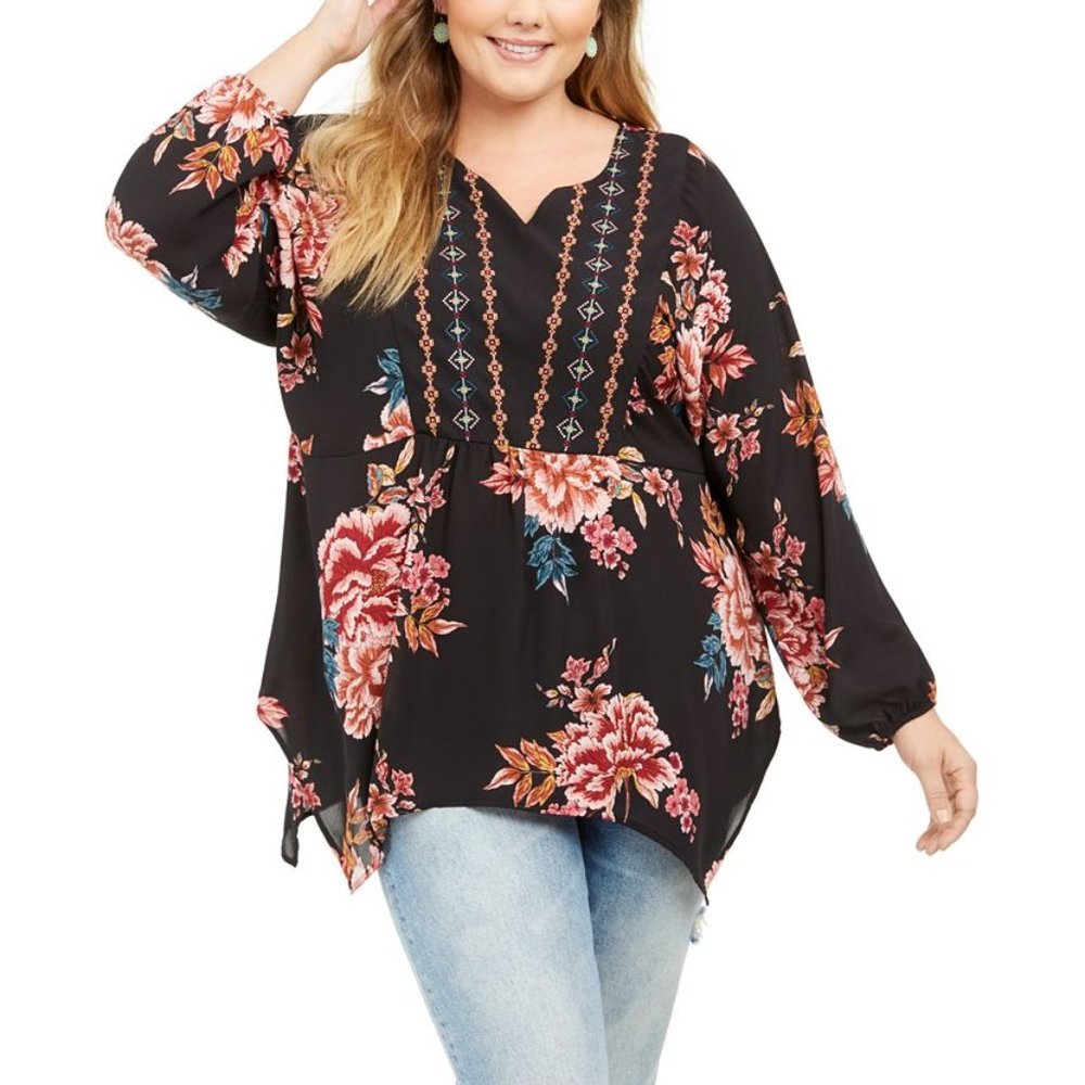 Style & Co Womens Blouse Top Plus Size Black Floral Long Sleeve Crochet Paisley